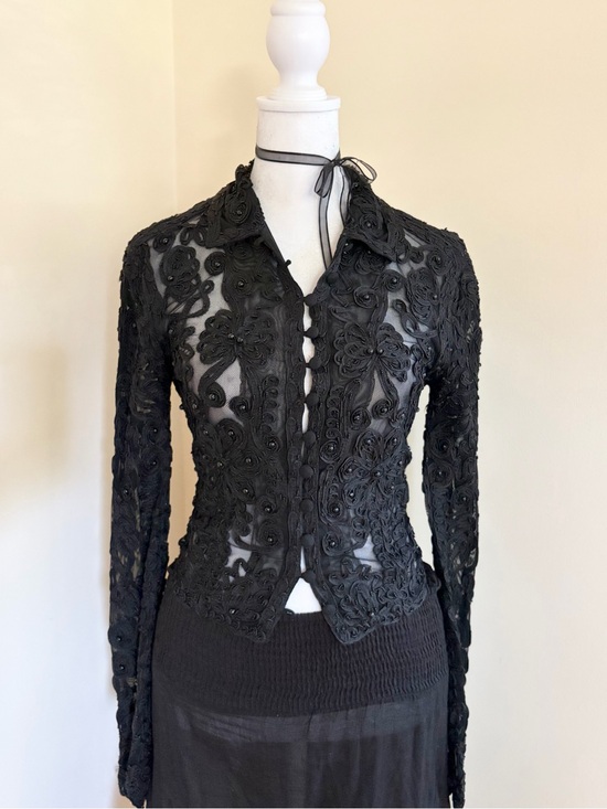 Cache Tops - Vintage Y2K Cache beaded embroidered lace formal black blouse goth European M